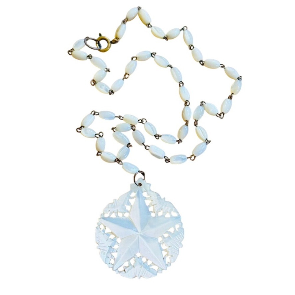 Vtg Art Deco Star of Bethlehem Mother of‎ Pearl Necklace Carved Flapper Natural